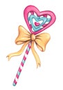 Watercolor Heart Shaped Lollipop. Candy with yellow ribbon.