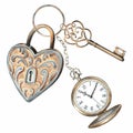 Watercolor heart-shaped padlock with key and vintage clock pocket watch on chain . Template old retro accessories