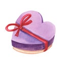 Watercolor Heart shaped purple gift box with red bow. Royalty Free Stock Photo