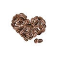 Watercolor heart shaped roasted coffee beans. Hand drawn realistic design