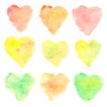 Watercolor heart shaped stains isolated on white background. Set of colorful hand painted spots. Autumn tints. Vector Royalty Free Stock Photo