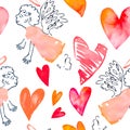 Watercolor heart. Valentinine Day. Vector. Pattern with hearts and cupids. Vector