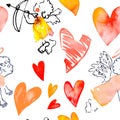 Watercolor heart. Valentinine Day. Vector. Pattern with hearts and cupids. Vector