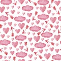 Watercolor hearts and arrows of Cupid and gentle clouds. Farby seamless print for romantic holidays. Valentine`s day and wedding