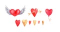 Watercolor hearts collection. Heart with wings, hearts with arrow, balloon, cute red and yellow hearts for valentines day Royalty Free Stock Photo