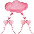 Watercolor hearts, Cupid`s arrows and tender cloud. Romantic illustration with pale red elements. Valentine`s day and wedding