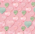 Watercolor pink green hearts on pink background. Hand made seamless pattern