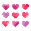 Watercolor hearts in red and purple colors