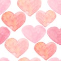 Watercolor hearts seamless background. Pink watercolor heart pattern. Colorful watercolor romantic texture Royalty Free Stock Photo