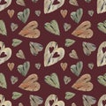 Watercolor hearts, seamless pattern, old wood, for Valentines Day, farm decoration, countryside style Royalty Free Stock Photo