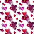Watercolor hearts in seamless pattern in shades of pink red purple and blue. February 14th backgrounds Royalty Free Stock Photo
