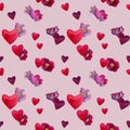 Watercolor hearts in seamless pattern in shades of pink red purple and blue. February 14th backgrounds Royalty Free Stock Photo