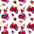 Watercolor hearts in seamless pattern in shades of pink red purple and blue. February 14th backgrounds Royalty Free Stock Photo