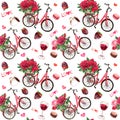 Valentine day seamless pattern. Vintage bicycle with red roses bouquets, hearts, chocolate candies, strawberries, wine Royalty Free Stock Photo