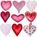 Watercolor hearts, valentine's day red, purple, violet hearts set. Happy Valentine's day card. Royalty Free Stock Photo