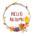 Watercolor Hello autumn lettering card. Hand drawn illustration