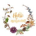 Watercolor Hello autumn wreath. Hand painted wreath with acorn, mushroom, cone, berries, tree branch, flower and leaves Royalty Free Stock Photo