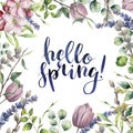 Watercolor Hello spring floral card. Hand painted illustration with eucalyptus leaves, apple blossom, tulip, willow