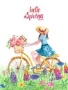 Watercolor spring and summer illustration with girl riding on bicycle in meadow with grass and wildflowers. Royalty Free Stock Photo