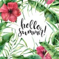 Watercolor Hello summer card. Hand painted floral border with palm tree leaves, banana branch and hibiscus on Royalty Free Stock Photo