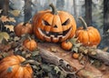 Watercolor Helloween illustration with pumkings