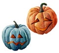 Watercolor helloween pumpkin. Hand painted carved faces pumpkins isolated on white background. Holiday illustration for Royalty Free Stock Photo