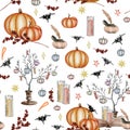 Watercolor helloween Seamless pattern. Perfect for cards or posters, halloween design, recipe or menu. Holiday