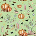 Watercolor helloween Seamless pattern. Perfect for cards or posters, halloween design, recipe or menu. Holiday