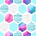 Watercolor hexagon seamless pattern with geometric ornament elements. Royalty Free Stock Photo