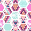 Watercolor hexagon seamless pattern with geometric ornamental elements Royalty Free Stock Photo