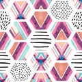 Watercolor hexagon seamless pattern with geometric ornamental elements Royalty Free Stock Photo