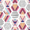 Watercolor hexagon seamless pattern with geometric ornamental elements Royalty Free Stock Photo