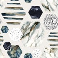 Watercolor hexagon with stripes, water color marble, grained, grunge, paper textures.