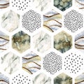 Watercolor hexagon with stripes, wave, curve, water color marble, grained, grunge, paper textures, minimal elements. Royalty Free Stock Photo