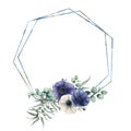 Watercolor hexagonal frame with blue anemone bouquet. Hand drawn modern floral label with eucalyptus leaves and branches Royalty Free Stock Photo