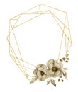 Watercolor hexagonal golden frame with monochrome floral anemone bouquet. Hand drawn modern label with leaves, branches