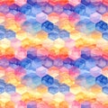 Watercolor hexagonal pattern with vibrant gradient cubes in pink purple blue yellow creating isometric seamless design Royalty Free Stock Photo