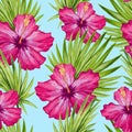 Watercolor hibiscus flower and palm leaves seamless pattern.