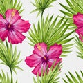 Watercolor hibiscus flower and palm leaves seamless pattern