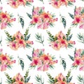 Watercolor hibiscus flowers, branhces and leaves bouquets seamless pattern Royalty Free Stock Photo