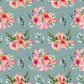 Watercolor hibiscus flowers, branhces and leaves bouquets seamless pattern Royalty Free Stock Photo