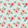 Watercolor hibiscus flowers, branhces and leaves bouquets seamless pattern Royalty Free Stock Photo