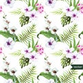 Watercolor, hibiscus, orchid, white, palm, tropical, pattern, background, wallpaper