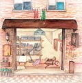 Watercolor High Definition Illustration: Street Shop Front.