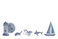 Watercolor hand-drawn purple monochromatic border isolated on white. Humpback whale, octopus, turtle, moon, lighthouse