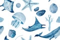 Watercolor hand-drawn purple monochromatic seamless pattern isolated on white. Blue whale, a manta ray, shells, a Royalty Free Stock Photo