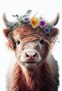 Watercolor highland cow portrait with flowers crown. Cartoon Cute character wildlife animal drawing poster print.