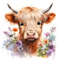 Watercolor highland cow portrait