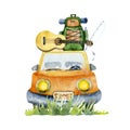 Watercolor hiking arrangement isolated on a white background: passenger car, rucksack, guitar, fishing rod, grass