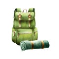 Watercolor hiking and camping backpack, rolled up blanket and sleeping bag illlustration. Mountin equipment for